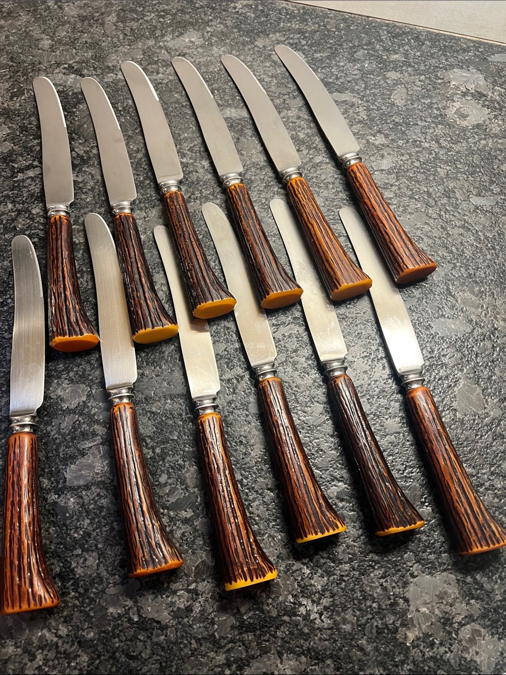 Set of 12 vintage Sheffield steak knives with Bakelite handles.